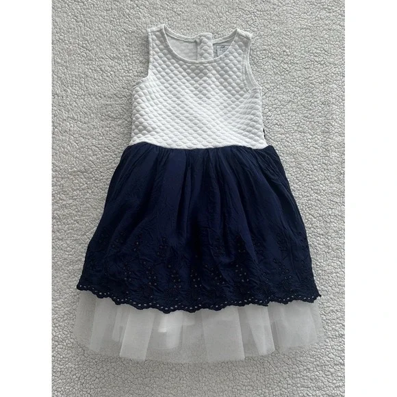 Girl's Blue & White Tulle Dress Fancy Bow Formal Size 5 Sleeveless Flower Party - Picture 1 of 13